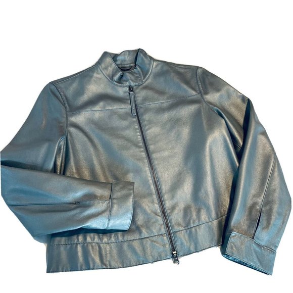NINE WEST Women's Silver Real Leather Full Zip up Jacket Size 10 - Picture 3 of 10